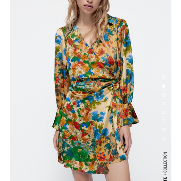 Zara Dresses & Skirts - NWT Zara Gorgeous Satin Floral Faux Wrap Dress Side Zip Green Blue Orange XS